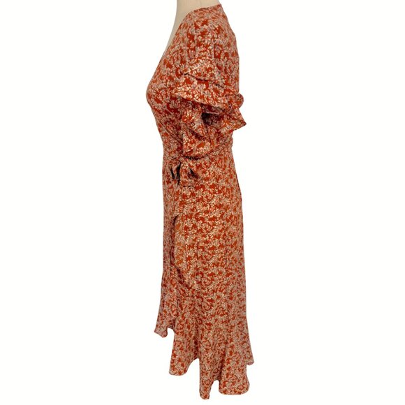 NWT Max Studio Size XS Brown Floral Wrap Dress Short Sleeve Ruffles Midi Dress - Picture 4 of 11